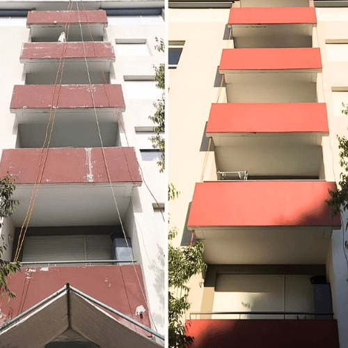 Peinture de façade d’immeuble avant et après travaux réalisés par cordistes
